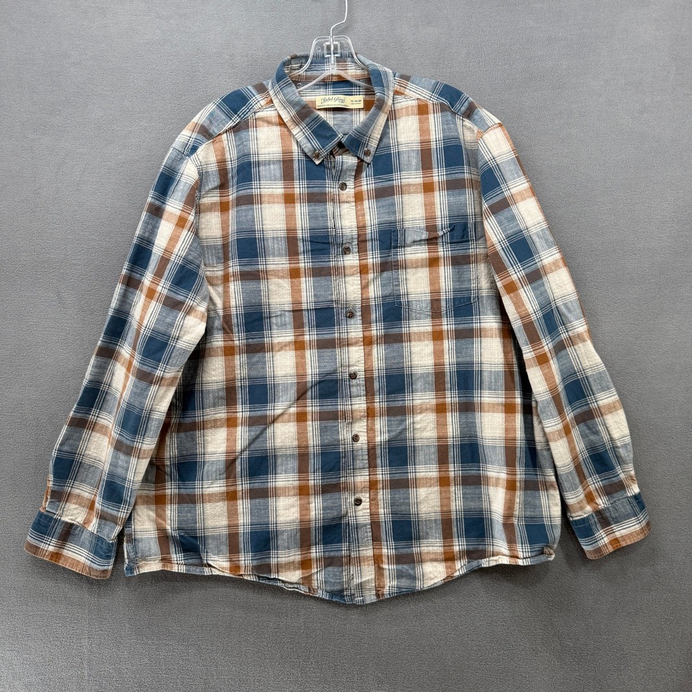 Faded Glory Button Down Shirt Mens XL Blue Brown Plaid Long Sleeve 100% Cotton